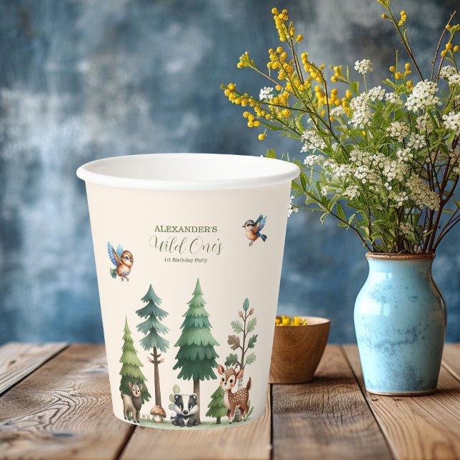 Woodland Animals Greenery Wild One 1st Birthday Paper Cups (Creator Uploaded)