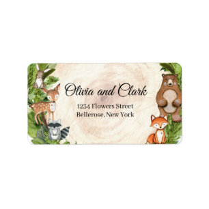 Woodland animals greenery wooden slice label