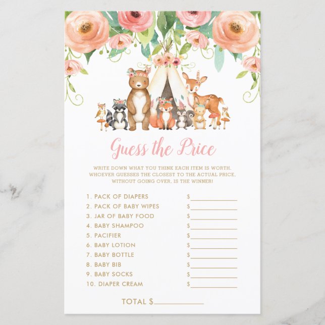 Woodland Animals Guess the Price Baby Shower Game (Front)