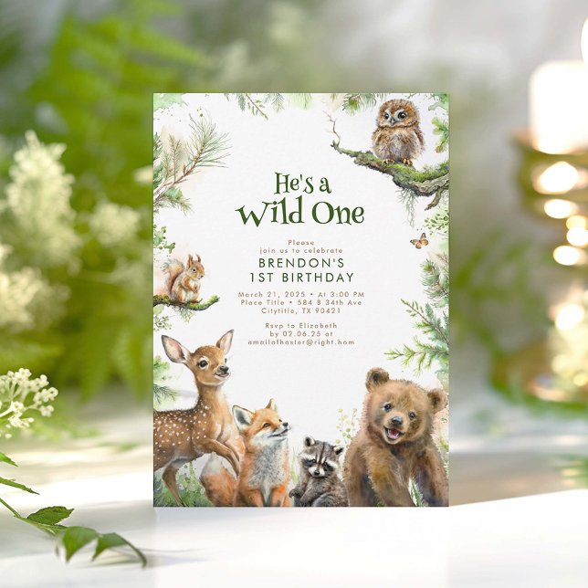 Woodland Animals He's a Wild One 1st Birthday Invitation (He's A Wild One - Cute Little Woodland Animals 1st Birthday Invitations)
