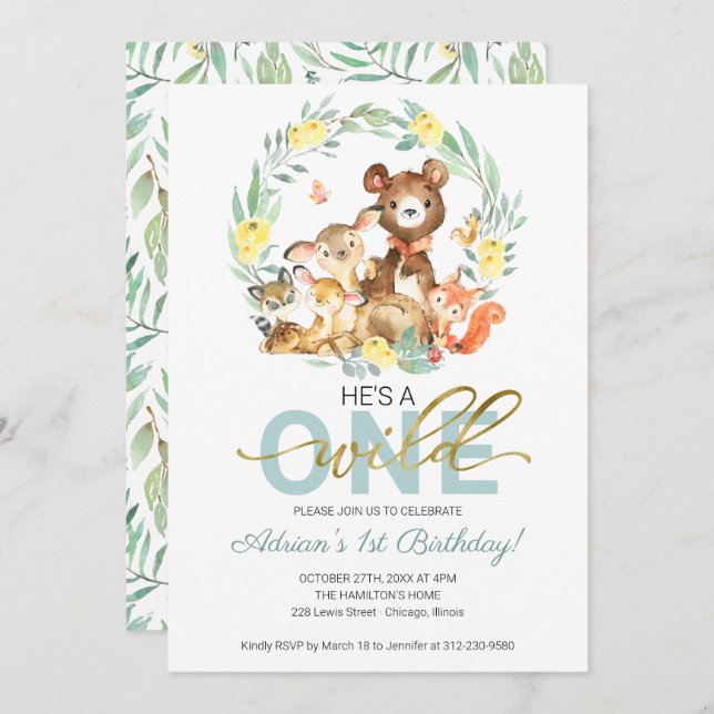 Woodland Animals He's A Wild One First Birthday In Invitation (Front/Back)