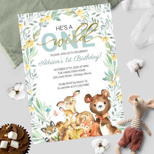 Woodland Animals He's A Wild One First Birthday Invitation (Creator Uploaded)