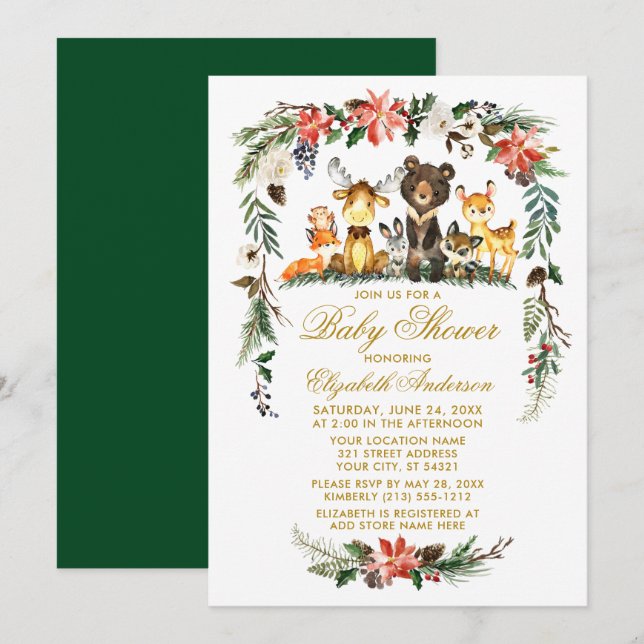 Woodland Animals Holiday Baby Shower Gold Invitation (Front/Back)