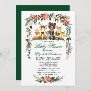 Woodland Animals Holiday Baby Shower Green Invitation