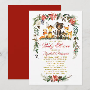Woodland Animals Holiday Baby Shower Red Gold Invitation