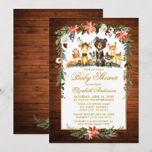 Woodland Animals Holiday Baby Shower Wood Gold Invitation