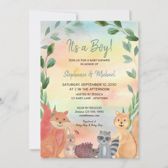 Woodland Animals It's A Boy Couples Baby Shower In Invitation (Front)