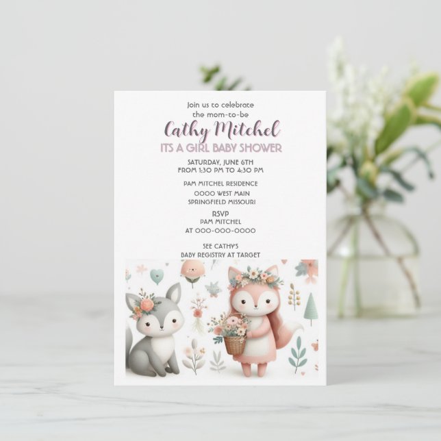 Woodland Animals "Its a Girl" Baby Shower  Invitation (Standing Front)
