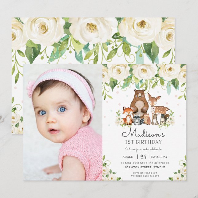Woodland Animals Ivory Floral 1st Birthday Photo Invitation (Front/Back)