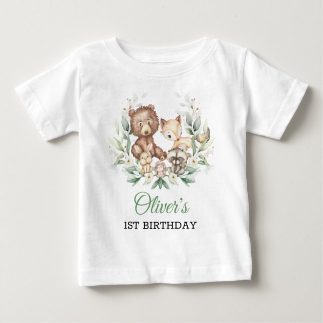 Woodland Animals Leafy Greenery 1st Birthday Boy Baby T-Shirt (Front)