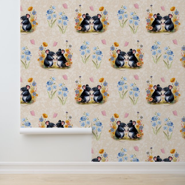 Woodland Animals Love Mice Floral Butterfly Wallpaper (Application)