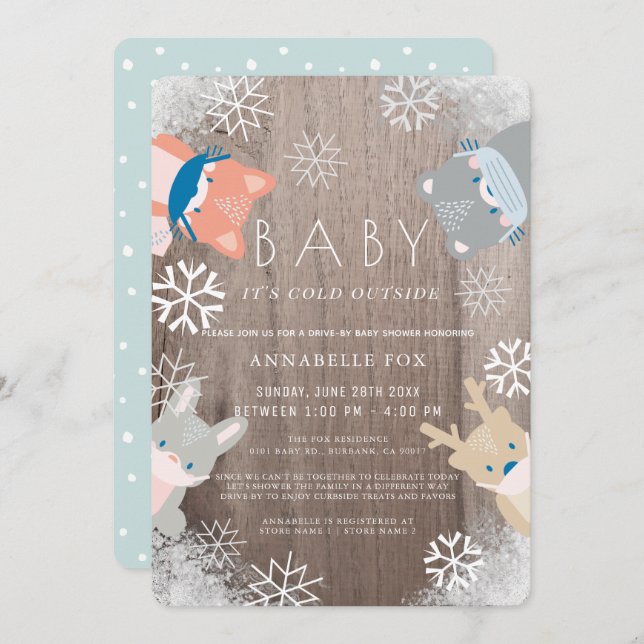 Woodland Animals Mask Blue Drive-by Baby Shower Invitation (Front/Back)