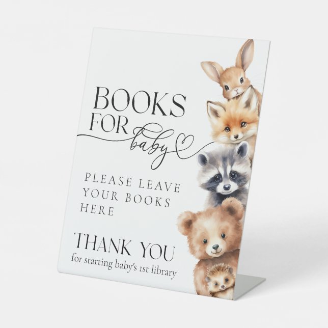 Woodland Animals Modern Baby Shower Books Pedestal Sign (Front)