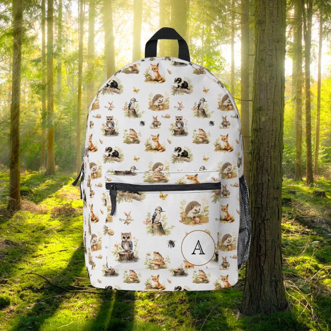 Woodland Animals Monogram School Travel Kids White Printed Backpack (Creator Uploaded)