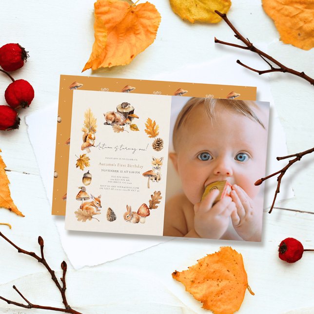 Woodland Animals Mushroom Fall Photo 1st Birthday Invitation (Creator Uploaded)