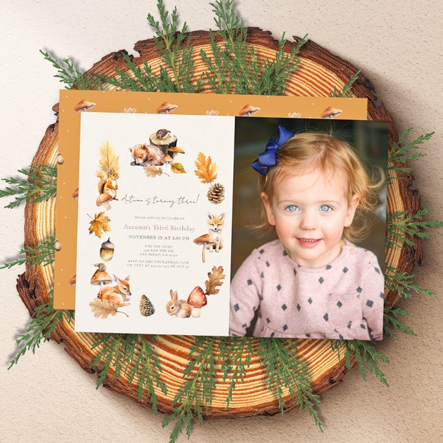 Woodland Animals Mushroom Fall Photo Kids Birthday Invitation (Creator Uploaded)