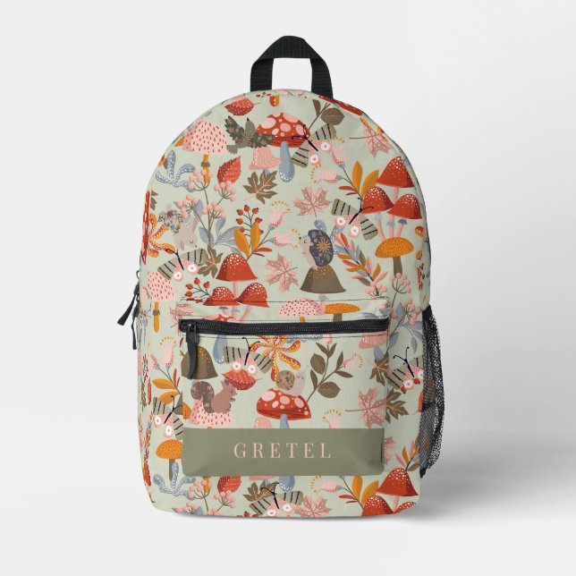 Woodland Animals & Mushroom Tea Green Printed Backpack (Front)