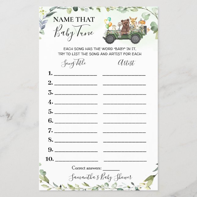 Woodland Animals Name Baby Tune Shower Game card (Front)