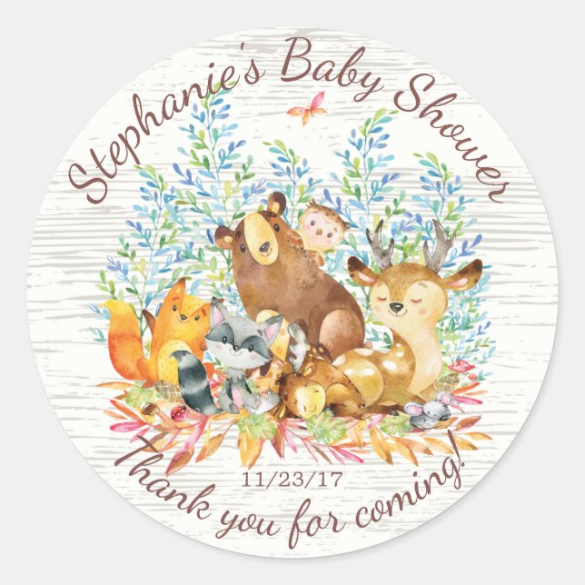 Woodland Animals Neutral Baby Shower Favour Sticke Classic Round Sticker (Front)