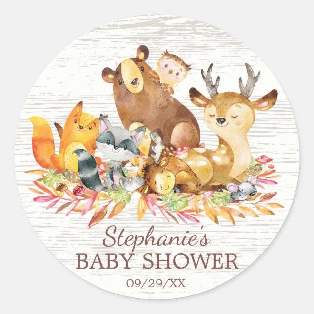 Woodland Animals Neutral Baby Shower Favour Sticke Classic Round Sticker (Front)