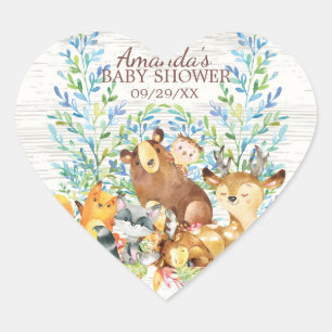 Woodland Animals Neutral Baby Shower Favour Sticke Heart Sticker