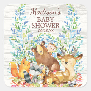 Woodland Animals Neutral Baby Shower Favour Sticke Square Sticker