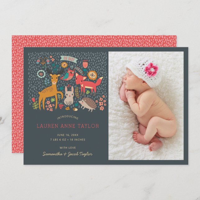 Woodland Animals New Baby Birth Announcement (Front/Back)