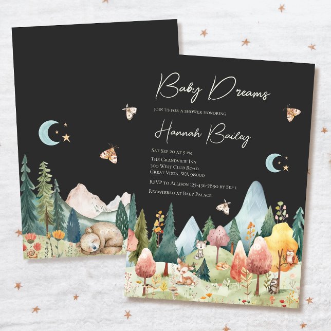 Woodland Animals Night Forest Scene Baby Shower Invitation (Baby shower invitation with woodland night scene and sleeping animals.)