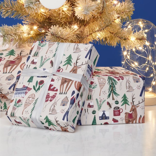 Woodland animals nordic ski Christmas pattern Wrap Wrapping Paper (Holidays)