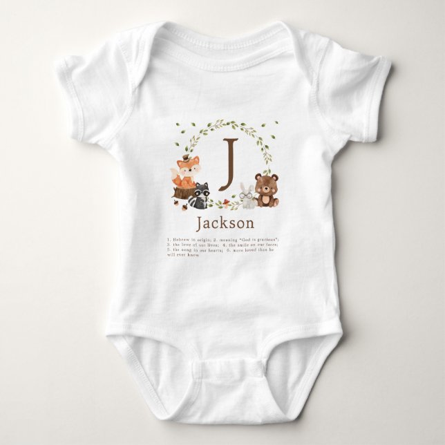 Woodland Animals Nursery Custom Monogram Baby Bodysuit (Front)