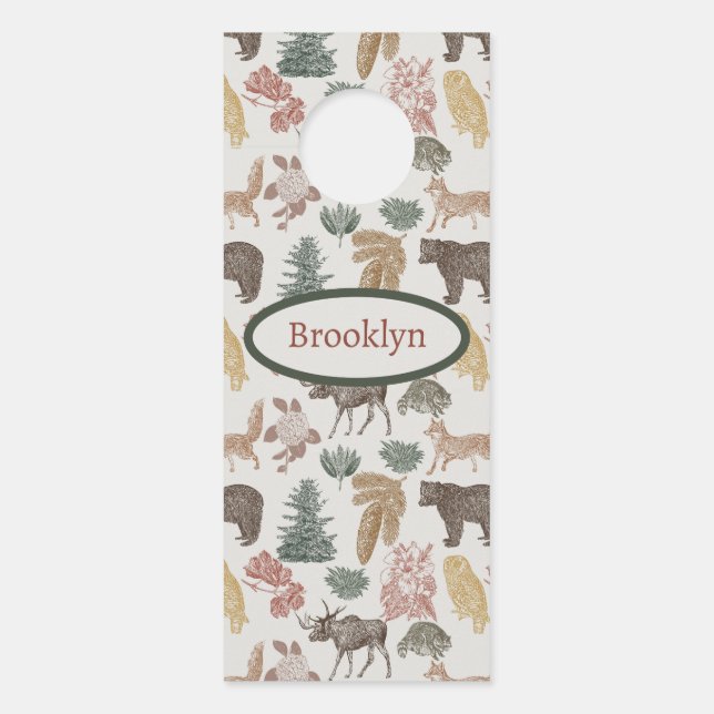 Woodland Animals Nursery– Rustic Bear, Foxes & Owl Door Hanger (Front)