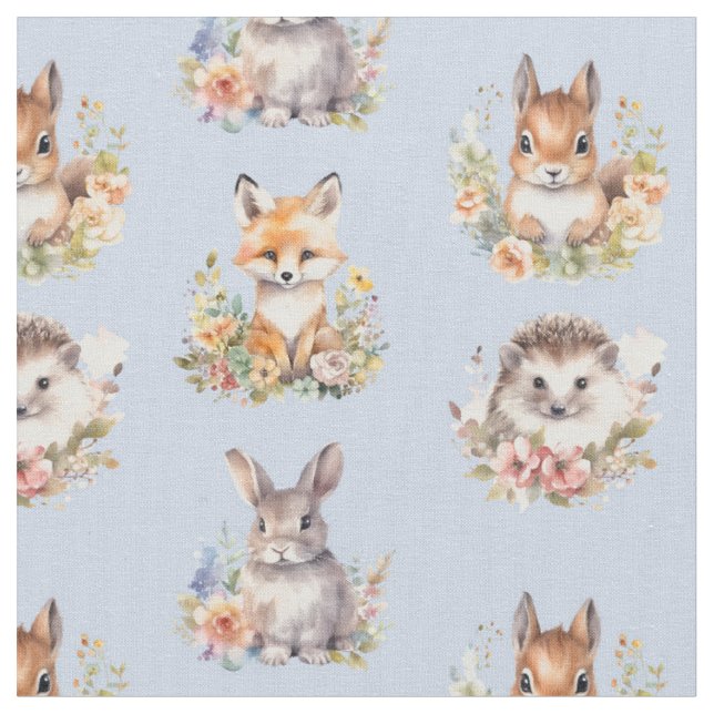 Woodland Animals on Light Blue Fabric (Close Up)