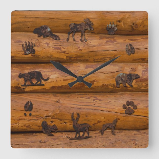 Woodland Animals on Logs Square Wall Clock (Front)