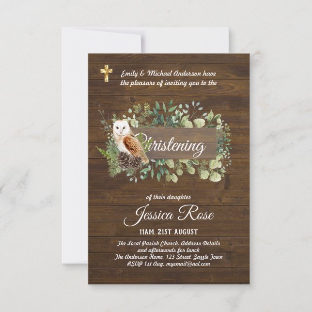 Woodland Animals Owl Christening Invite Baptism  (Front)