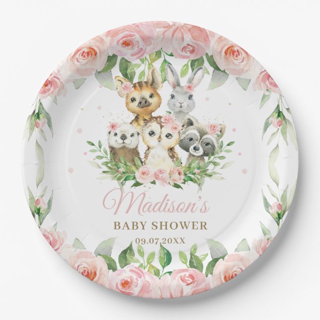 Woodland Animals Owl Pink Floral Girl Baby Shower Paper Plate (Front)