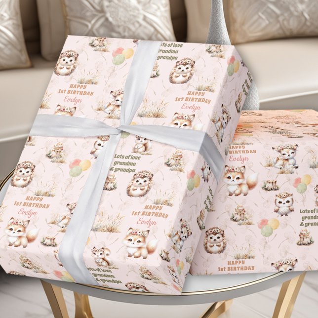 Woodland Animals Pastel Girl Birthday Name Wrapping Paper (Woodland Animals Pastel Girl 1st or any Birthday custom Name Wrapping Paper)