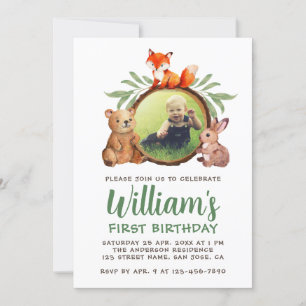 Woodland Animals Photo 1st Birthday Fox Bear Bunny Invitation