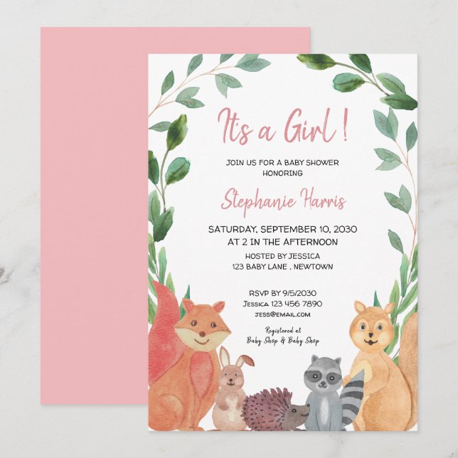 Woodland Animals Pink Baby Girl Baby Shower Invitation (Front/Back)