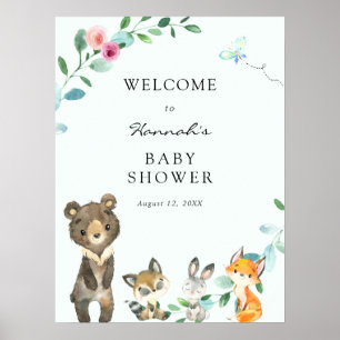 Woodland Animals Pink Baby Shower Welcome Sign