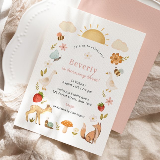 Woodland Animals Pink Birthday Invitation (Creator Uploaded)