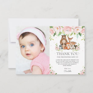 Woodland Animals Pink Blush Floral 1st Birthday Thank You Card