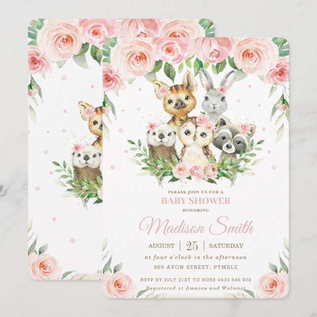 Woodland Animals Pink Blush Floral Baby Shower Invitation (Front/Back)