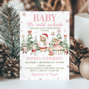 Woodland Animals Pink Christmas Winter Baby Shower Invitation