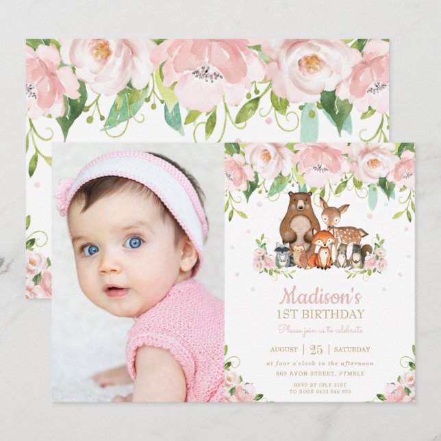 Woodland Animals Pink Floral 1st Birthday Photo Invitation (Front/Back)