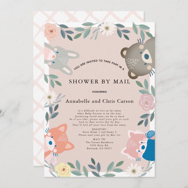 Woodland Animals Pink Floral Baby Shower by Mail Invitation (Front/Back)