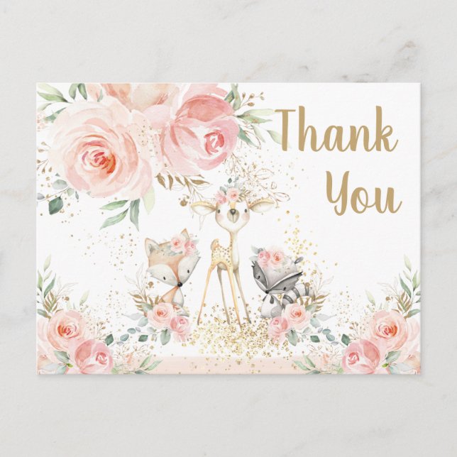 Woodland Animals Pink Floral Baby Thank You Postcard (Front)