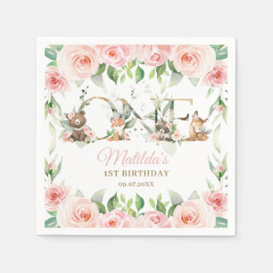 Woodland Animals Pink Floral Girl 1st Birthday Napkin