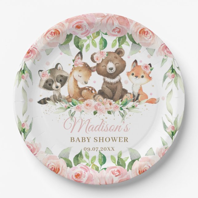 Woodland Animals Pink Floral Girl Baby Shower  Paper Plate (Front)