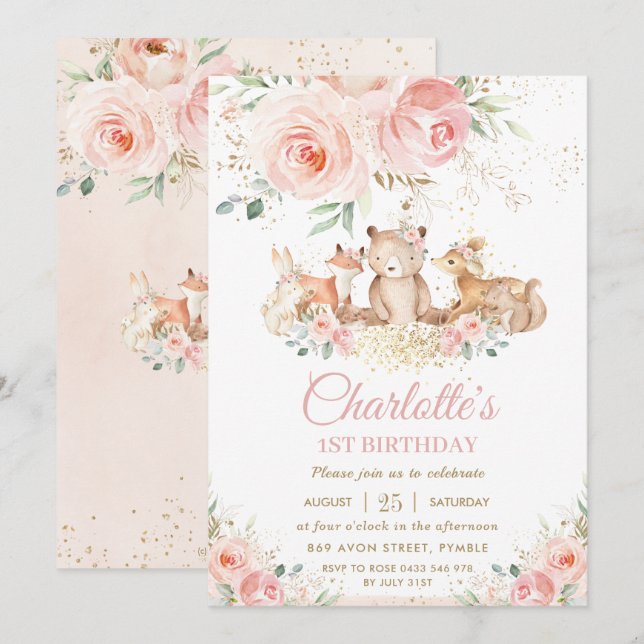 Woodland Animals Pink Floral Gold Girl Birthday  Invitation (Front/Back)