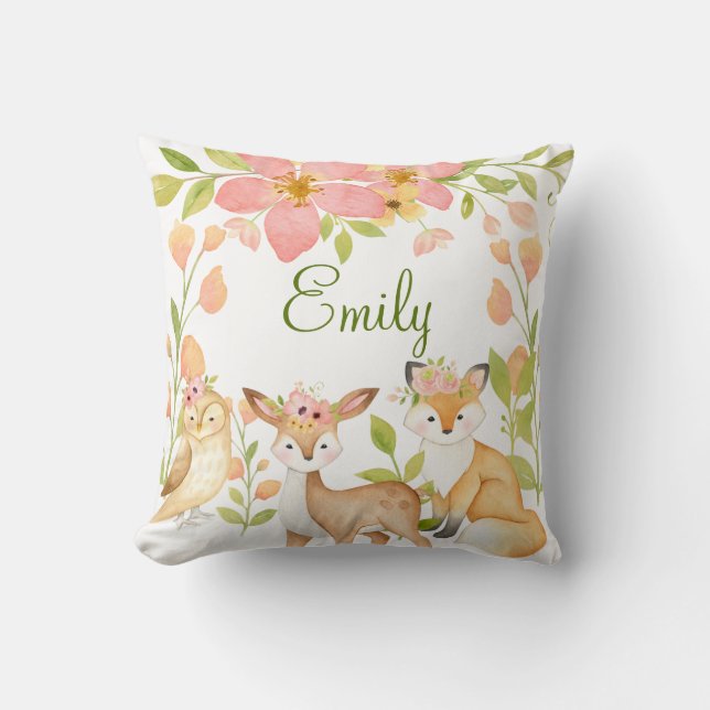  Woodland Animals Pink Floral Personalised  Cushion (Front)